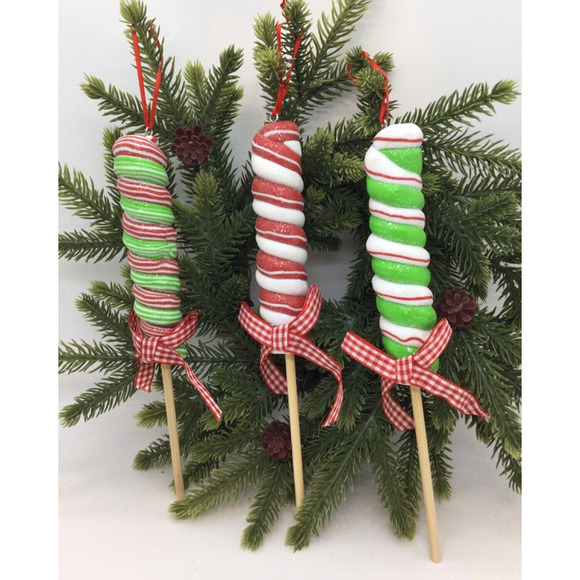 3 Spiral Lollipop Christmas Ornaments Peppermint Green Red White Gingham Bow New - Picture 2 of 3